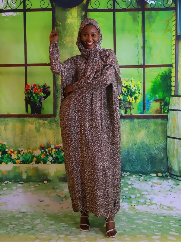 Floral print hooded prayer dress with hat elegant long sleeve maxi muslimwomens clothing