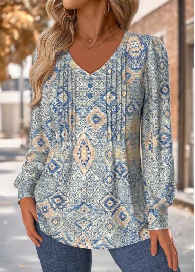 Modlily Blue Tuck Stitch Tribal Print Long Sleeve T Shirt - M