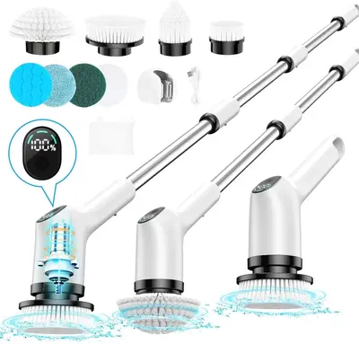 Electric Spin Scrubber, 2025 Upgraded Cordless Shower Scrubber with 8 Replaceable Brush Heads and 3 Adjustable Speeds, LED Sc...
