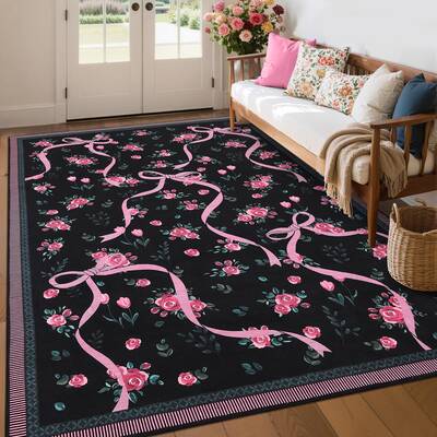 Garvee Floral Washable Rug 10x13 Low-Pile Stain Resistant Non-Slip Rubber Backing Foldable for Girls Playroom Living Room