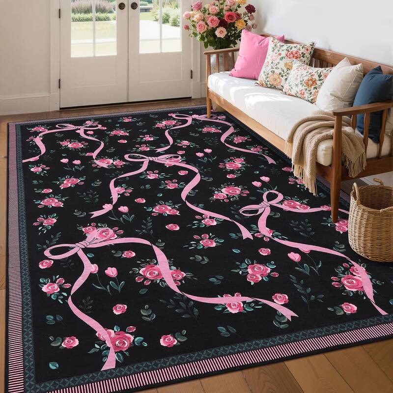 Garvee Floral Washable Rug 10x13 Low-Pile Stain Resistant Non-Slip Rubber Backing Foldable for Girls Playroom Living Room