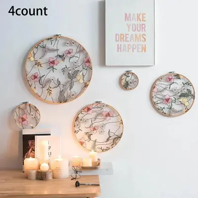 4pcs/set Wooden Embroidery Round Wall Decor, Flower Pattern Hanging Decor For Home Living Room Bedroom