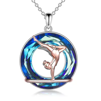 Sterling Silver Two-tone Circular Shaped Gymnastics Girl Crystal Pendant Necklace