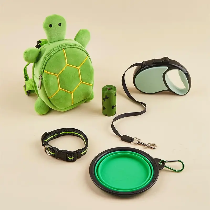 Pet Outdoor Kit, 1 Count Turtle-shaped Backpack & 1 Count 3m Retractable Leash & 1 Count 350ml Folding Bowl & 1 Count Reflect...