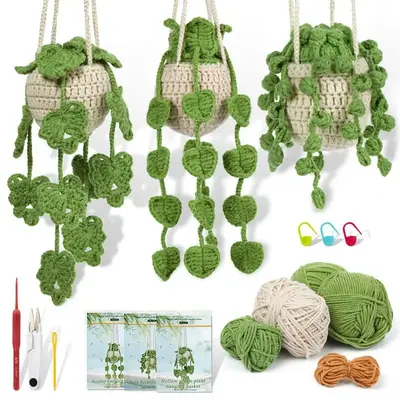 Hanging Flower Crochet Kit, 3 Counts/set Crochet Starter Kit with Step-by-Step Instructions & Video Tutorials, Complete Croc...
