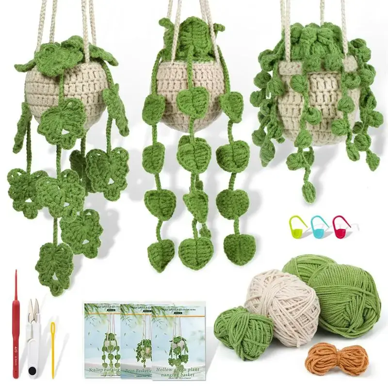 Hanging Flower Crochet Kit, 3 Counts/set Crochet Starter Kit with Step-by-Step Instructions & Video Tutorials, Complete Croc...