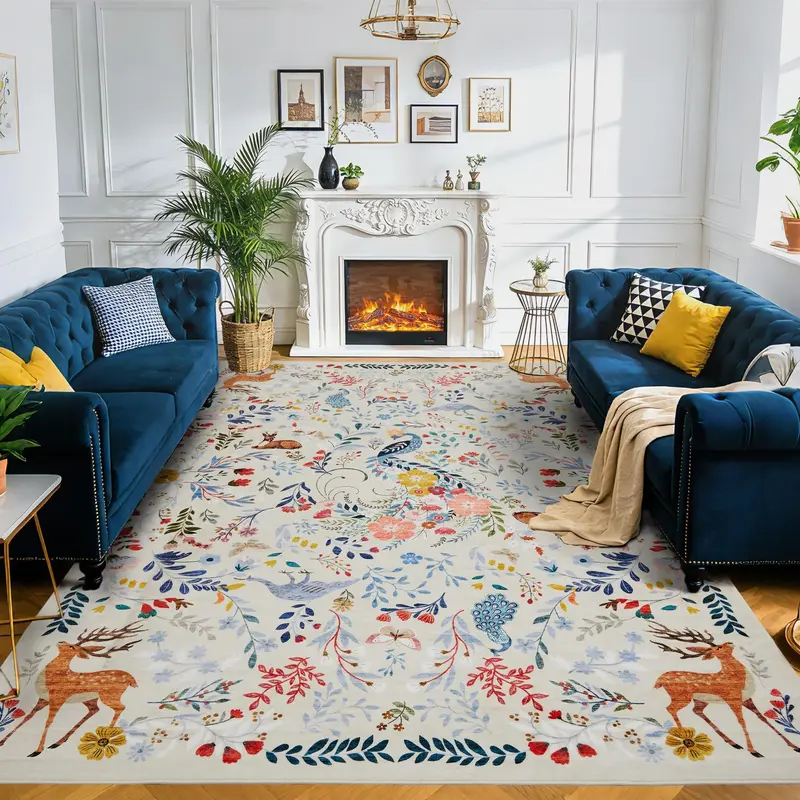 Garvee 10x13 Washable Area Rug Non-Slip Low Pile Stain Resistance Animal Carpet for Living Room Bedroom Dining Room Beige