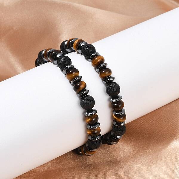 Tiger Eye with Hematite Partition and Lava Beaded Stretch Bracelets for Women Men