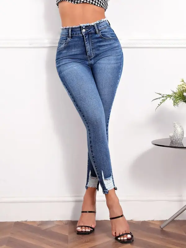 Women's Plain Ripped Button Pocket Skinny Jeans, Fashion Casual  Raw Hem  Pants for Daily Outdoor Wear, Ladies Bottoms for Al...