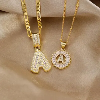 【B3】2 Count initial Letter Necklace Set with Zirconia Stones | Golden/Silver Bubble Necklaces for Women | Iced Out Neck...