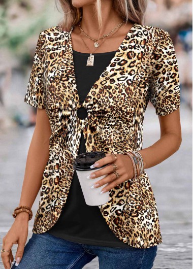Modlily Dark Coffee Leopard Short Sleeve Fake Two Piece Twinset - L