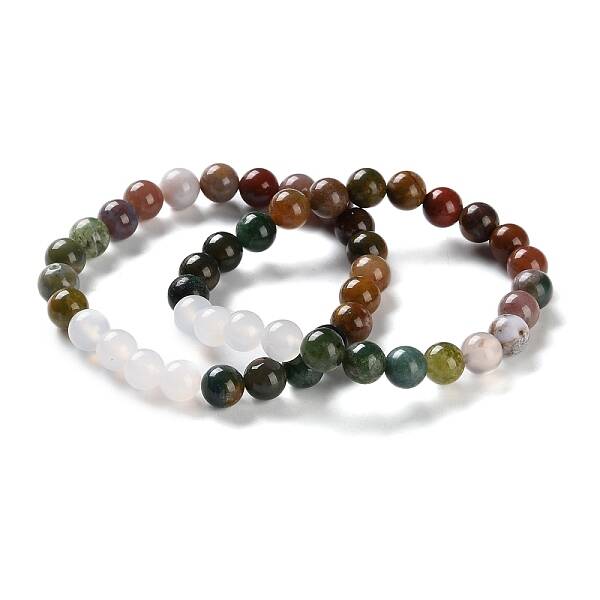 Natural Grey Agate and Indian Agate Baeds Stretch Bracelets for Women Men