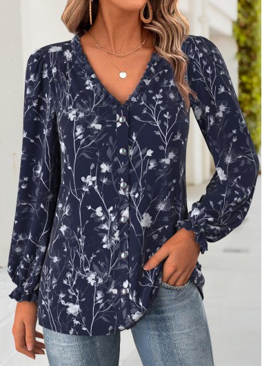 Modlily Navy Frill Floral Print Long Sleeve V Neck Blouse - XXL