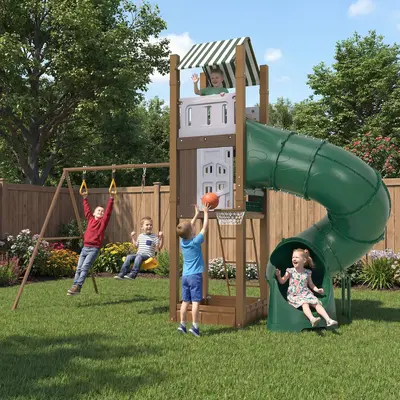 Garvee All-in-1 Backyard Swing Set with Turbo Tube Slide for Kids 3-10, Heavy-Duty Galvanized Steel Outdoor Playset with Clim...
