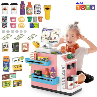 deAO Toy Register Coffee Machine Toys 3 in 1 Play Food Pretend Play Grocery Store Supermarket Playset,Water Outlet Function