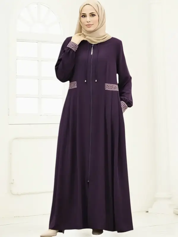 Elegant Women's Long Robe Dress with Faux Zipper Pockets, Traditional Arabic Style, Casual Printed Design, Perfect for Daily ...