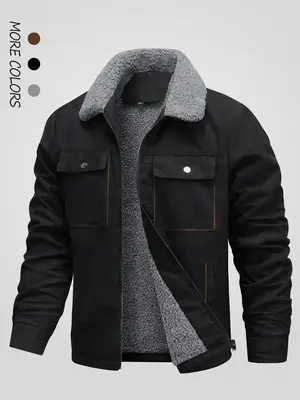 Men's Solid Pocket Zipper Fleece Jacket, Regular Fit Casual Long Sleeve Collared Outerwear for Fall & Winter, Men's Clothes f...