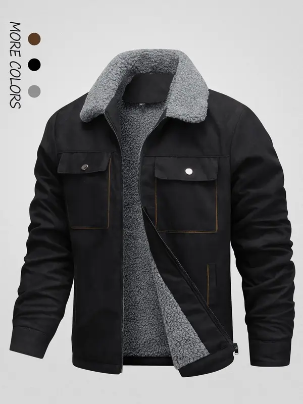 Men's Solid Pocket Zipper Fleece Jacket, Regular Fit Casual Long Sleeve Collared Outerwear for Fall & Winter, Men's Clothes f...