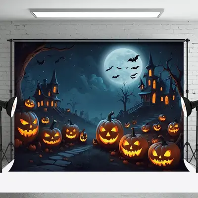 Aperturee Pumpkins Candle Night Bat Manor Halloween Backdrop - Aperturee