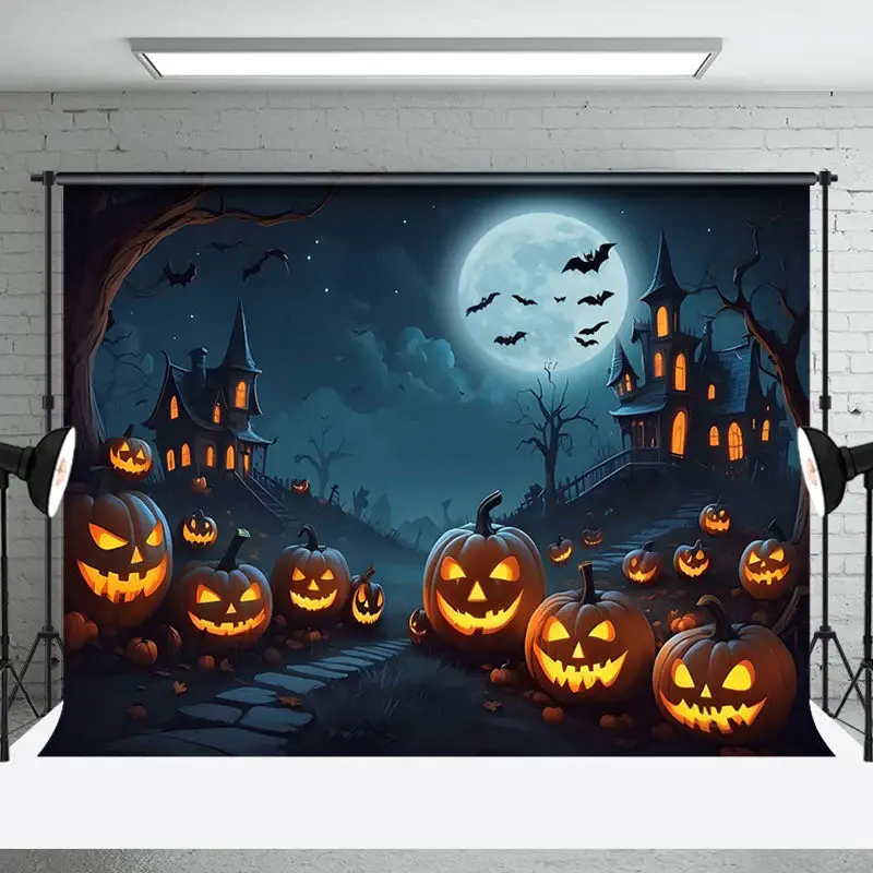 Aperturee Pumpkins Candle Night Bat Manor Halloween Backdrop - Aperturee
