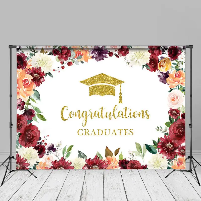 Floral Glitter Gold Graduation Photo Booth Backdrop - Aperturee