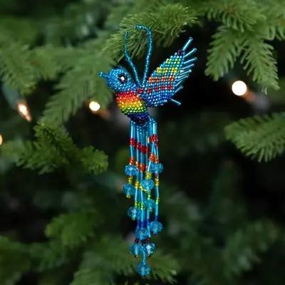 Hand Beaded Guatemalan Hummingbird Ornament - Blue