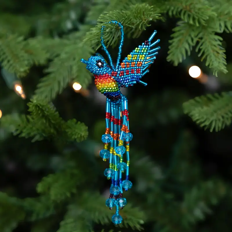 Hand Beaded Guatemalan Hummingbird Ornament - Blue