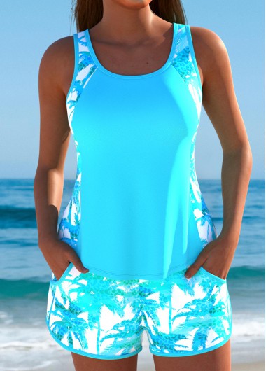 Modlily Mid Waisted Tropical Plants Print Cyan Tankini Set - XL