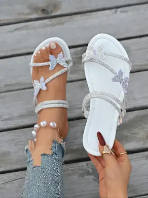 Women's Fashionable Rhinestone Decorated Butterfly Design Slide Sandals, Casual Comfortable Flat Sandals for Beach Vacation, ...