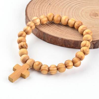 Cross Wood Beaded Stretch Charm Bracelets