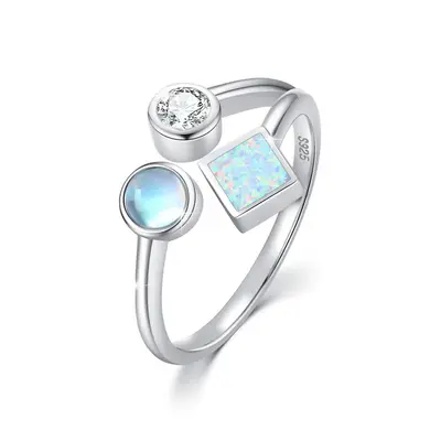 Sterling Silver Cubic Zirconia & Moonstone & Opal Open Ring