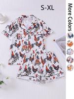 Women's All Over Chicken Print Crop Top & Elastic Waist Shorts Pyjama Two-piece Set, Casual Comfy Short Sleeve Top & Shorts P...