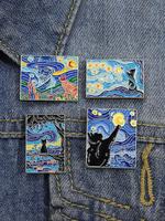 Van Gogh Starry Sky Art Painting Pattern Brooch, 4 Counts Cute Cat Graphic Alloy Badge for Daily Clothing Decor, Trendy All-...