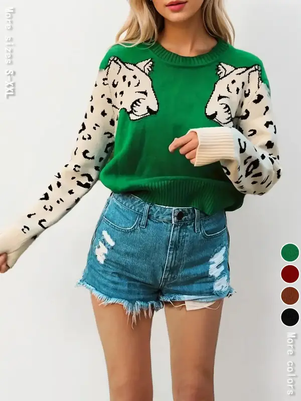 Women's Leopard Print Drop Shoulder Sweater, Casual Long Sleeve Round Neck Jumper for Fall & Winter, Fashion Ladies' Knitwear...