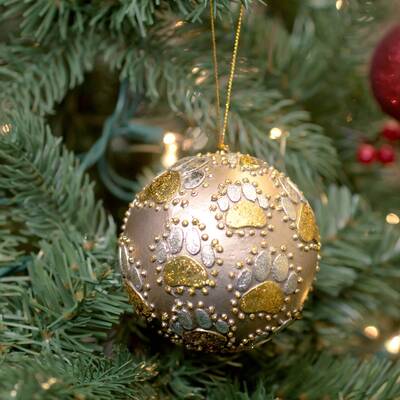 Beaded Paw Print Ball Ornament - Plum