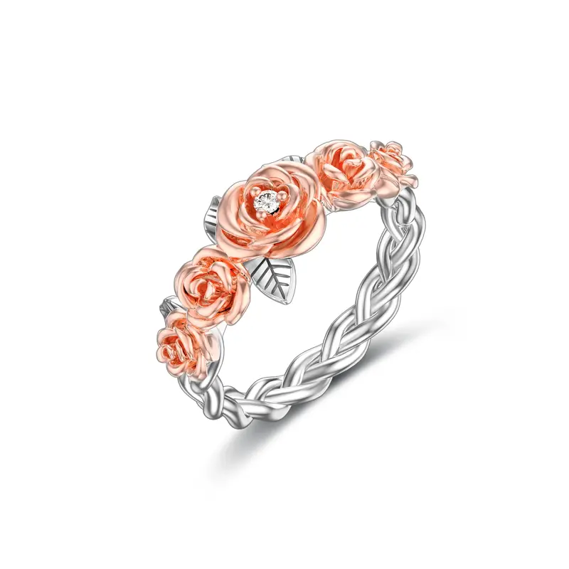 Sterling Silver Two-tone Round Shaped Cubic Zirconia Rose Ring