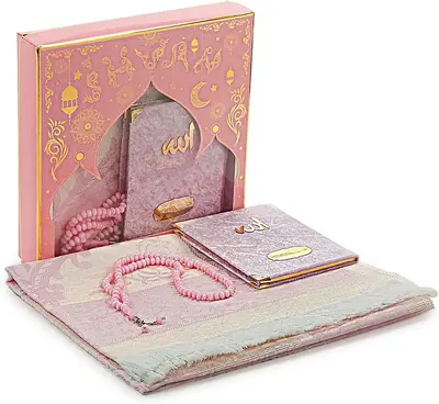 Muslim Prayer Rug 3 in One Gift Set with Surah Book, Tasbeeh, Prayer Beads & Islamic Gift for Umrah, Hajj, Wedding
