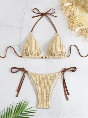 Two-Piece Set Women's Textured Triangle Bra & Knotted Swim Bottom Bikinis Set, Casual Halter Neck Backless Swim Top & Tie Si...