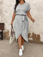【Plus Size】Plain Shortsleeve Belted Dress, Casual Fashion Cozy Dress for Daily Outdoor Wear, Women Plus Clothing for Summ...