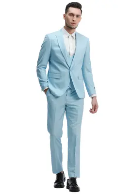 Light Blue Men's Slim Fit Wedding Suit - One Button Peak Lapel Vest