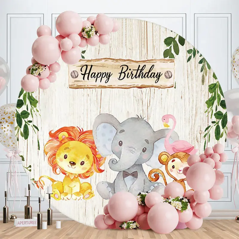 Aperturee Circle Cute Animals Wood Backdrop For Happy Birthday