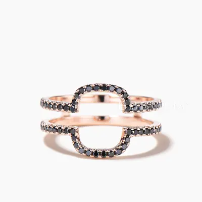 Round Cut Black Spinel Double U Curved Wedding Band Rose Gold Ring Enhancer