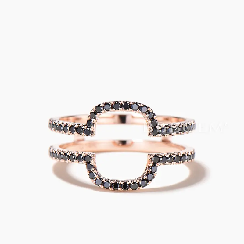Round Cut Black Spinel Double U Curved Wedding Band Rose Gold Ring Enhancer