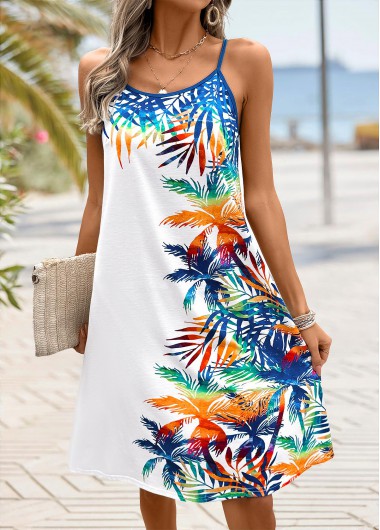 Modlily White Tropical Plants Print A Line Strappy Dress - M