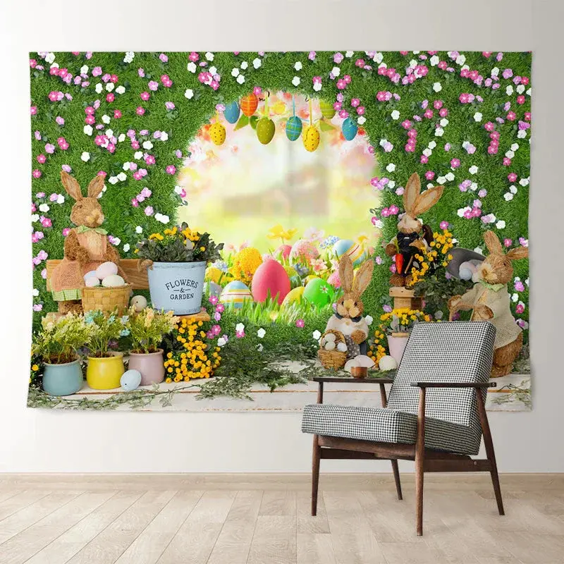 Aperturee Magic Spring Floral Bunny Happy Easter Backdrop