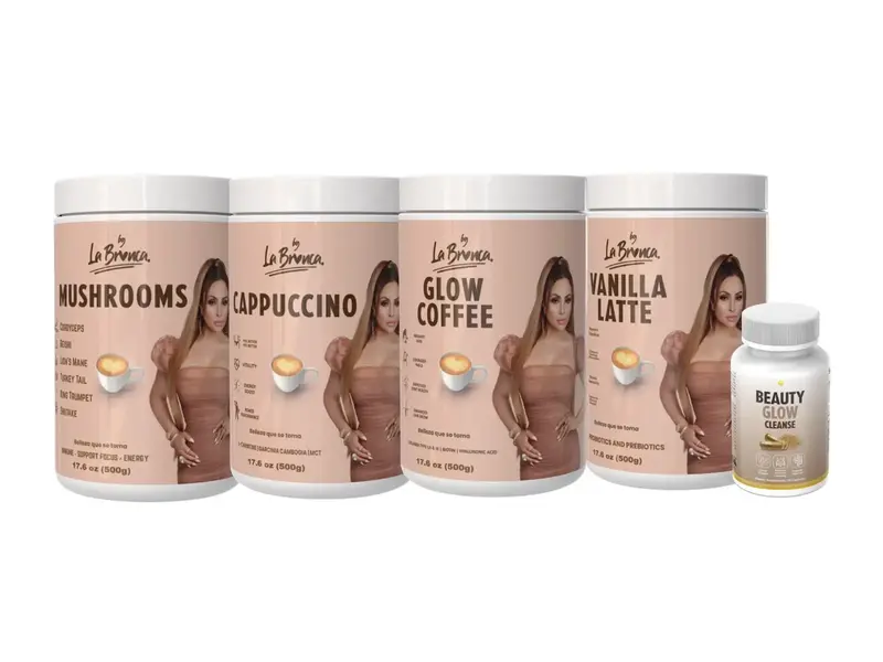 BUNDLE  1.MUSHROOM 1.CAPPUCCINO 1.GLOW COllAGEN 1.VANILLA LATTE.CLEANSE