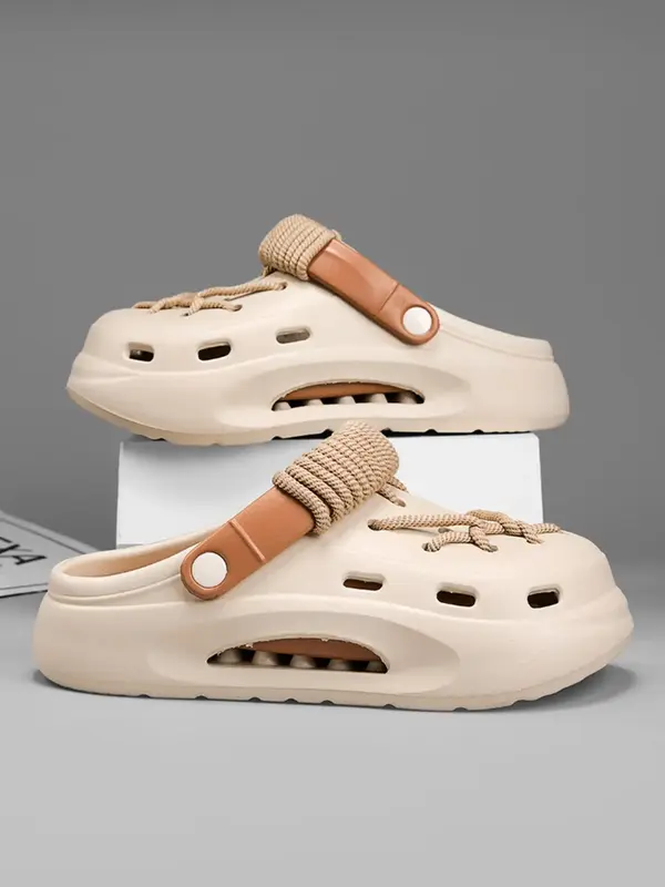 Unisex Minimalist Plain Color Clogs, Boho Style Beach Sandals with Adjustable Lace-up, Lightweight Comfortable Trending Flat ...