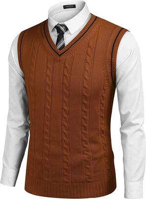 V Neck Sleeveless Knitted Pullover Vest Sweater (US Only), Brown / S