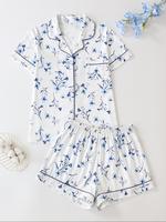 Women's Floral Print Short Sleeve Pajama Set, Elegant Comfy Button Front Chest Pocket Design Lapel Neck Top & Elastic Waist S...