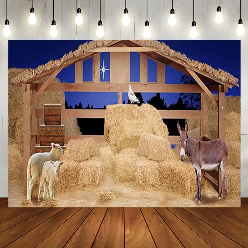 Farm Haystack Donkey Sheep Night Christmas Backdrop - Aperturee